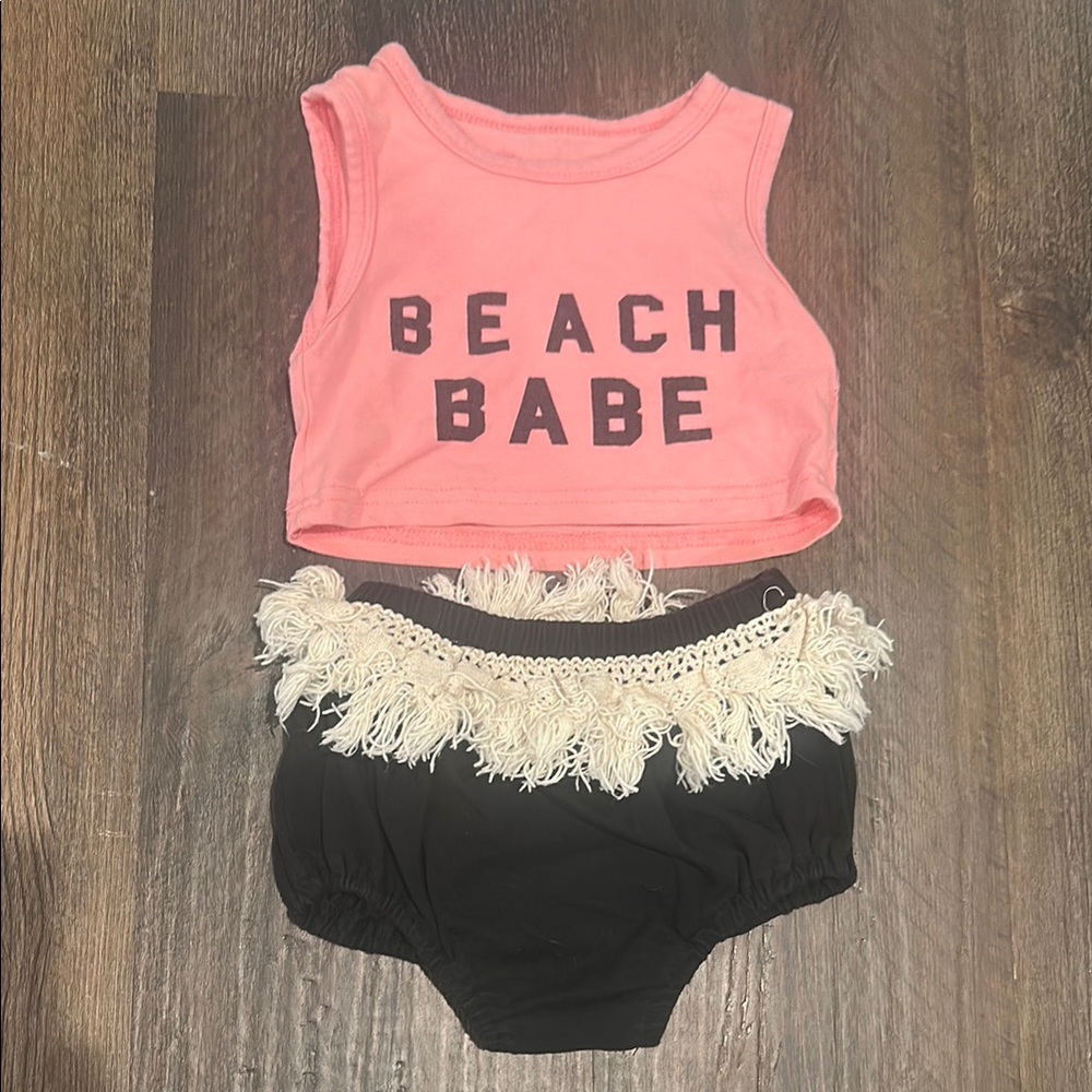 5 for $20 || Pink 'Beach Babe' Crop Top and Black Fringe Boho Bloomers